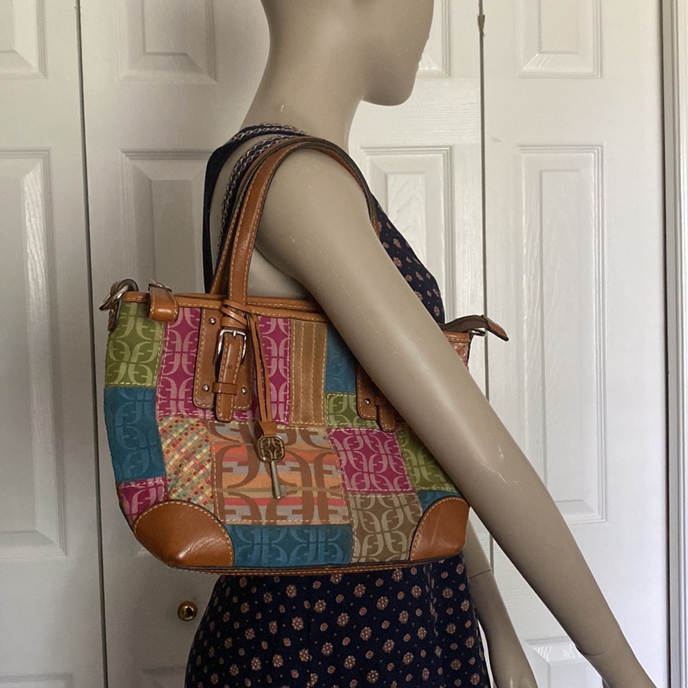 Vintage Fossil Multicolor Patchwork Leather Trim & Canvas Tote Bag/shoulder bag - Picture 4 of 16